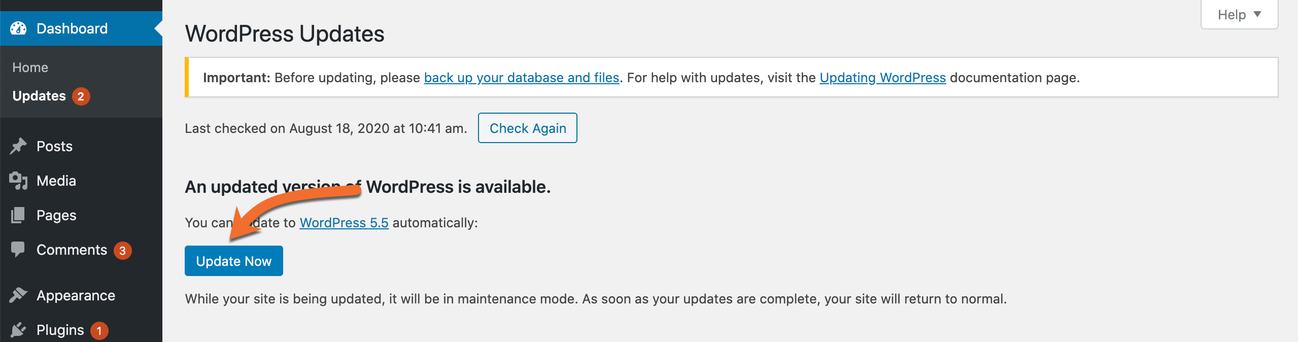 WordPress Dashboard Updates Update Now