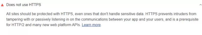 Screenshot of a PageSpeed Insights warning the site doesn't use HTTPS.