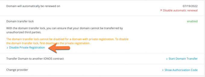 Disable Private Domain Registration Ionos