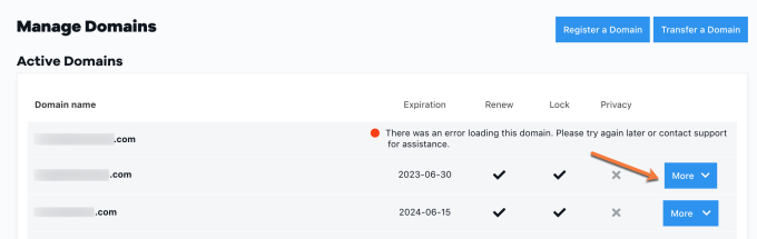 HostGator Manage Domains Active Domains More