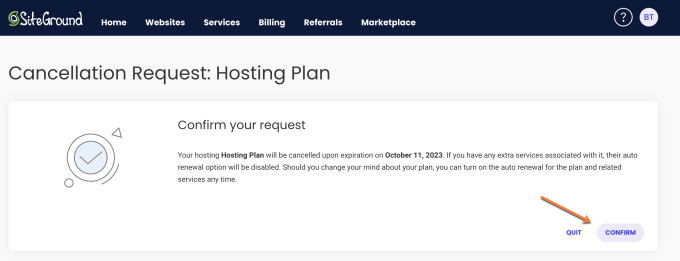 SiteGround Cancellation Confirmation