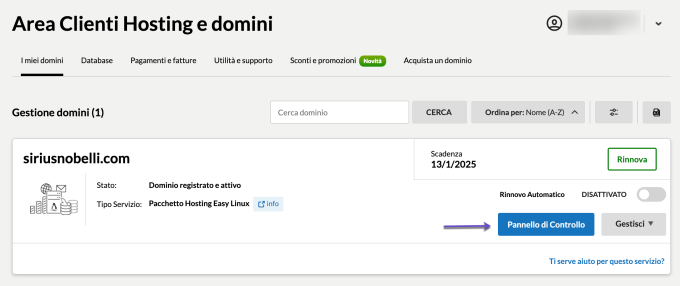 Area Clienti Hosting Panello di Controllo