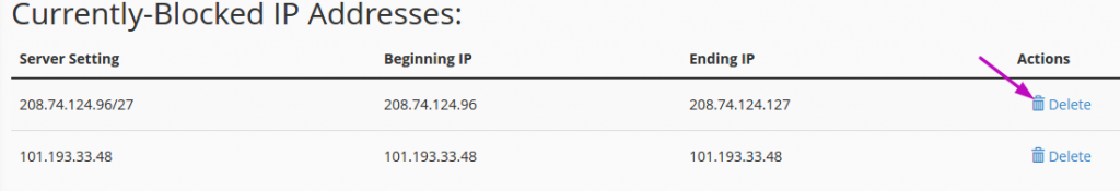 delete ip block cpanel