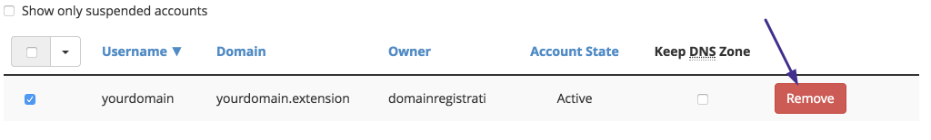 How to remove account in WHM