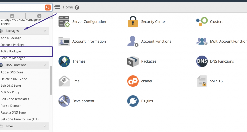 Edit a package in WHM