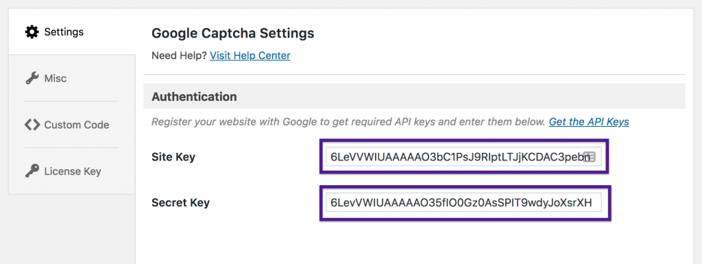 Google Captcha Settings
