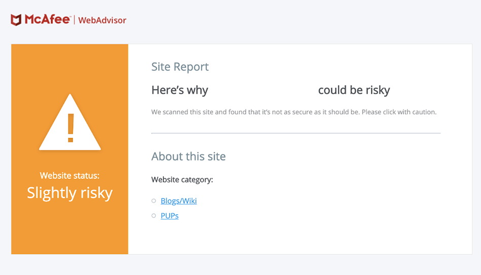 McAfee WebAdvisor Warning Showing A Potentially Dangerous Site